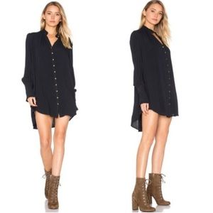 Free People Lieutenant Shirt Dress Small Navy Blue Long Sleeve Ruffle Mock Neck